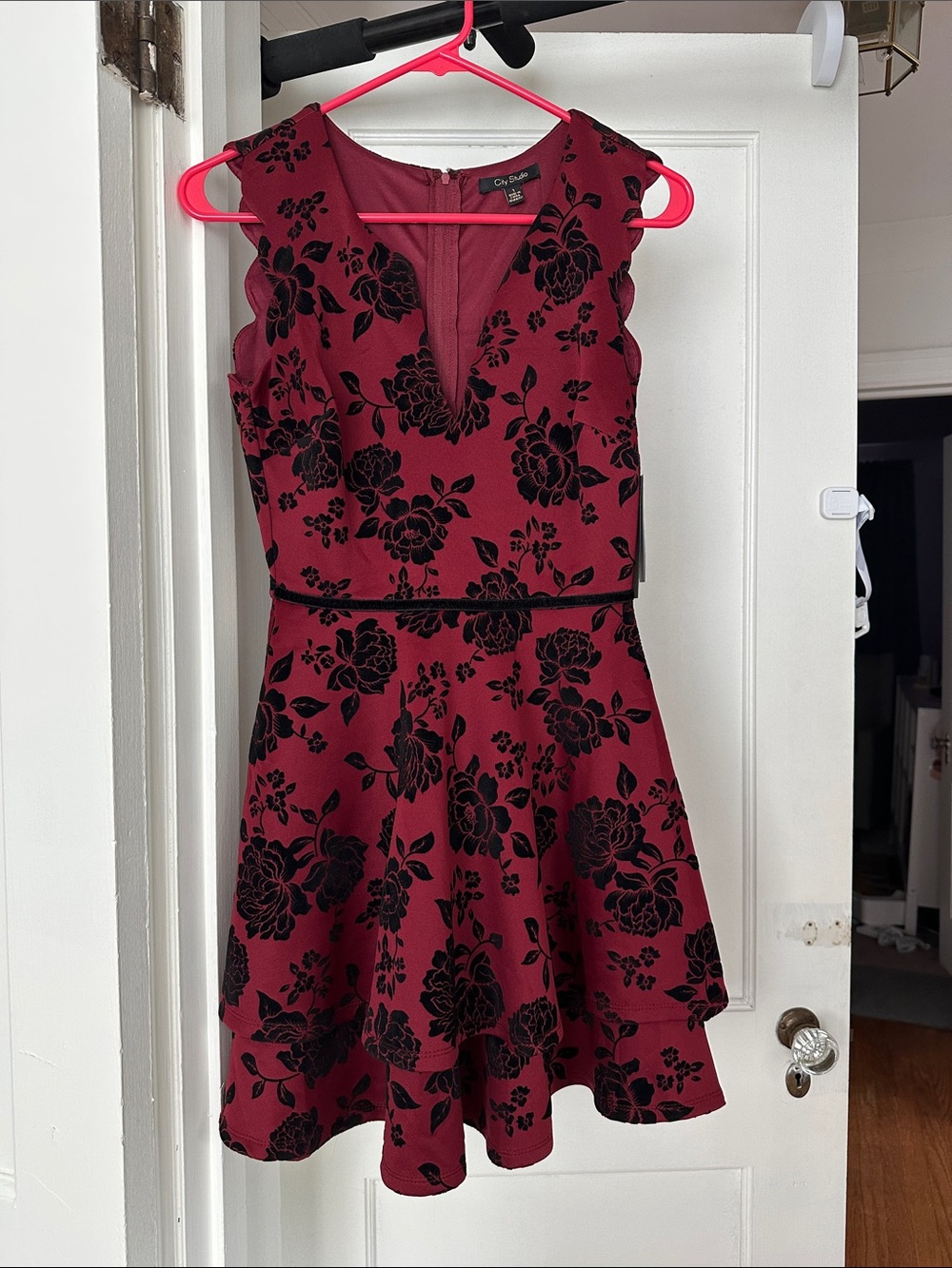 City Studio Wine Mini Dress with Black Floral Burnout